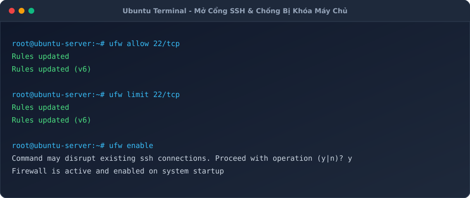 Mở cổng SSH và bật UFW Tường lửa