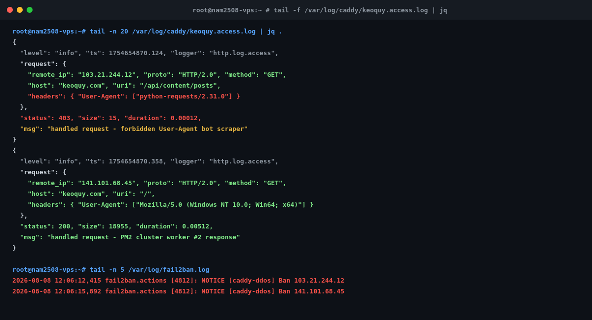 Ảnh chụp Nhật ký Caddy Access Log JSON và log Fail2ban Ban IP tự động