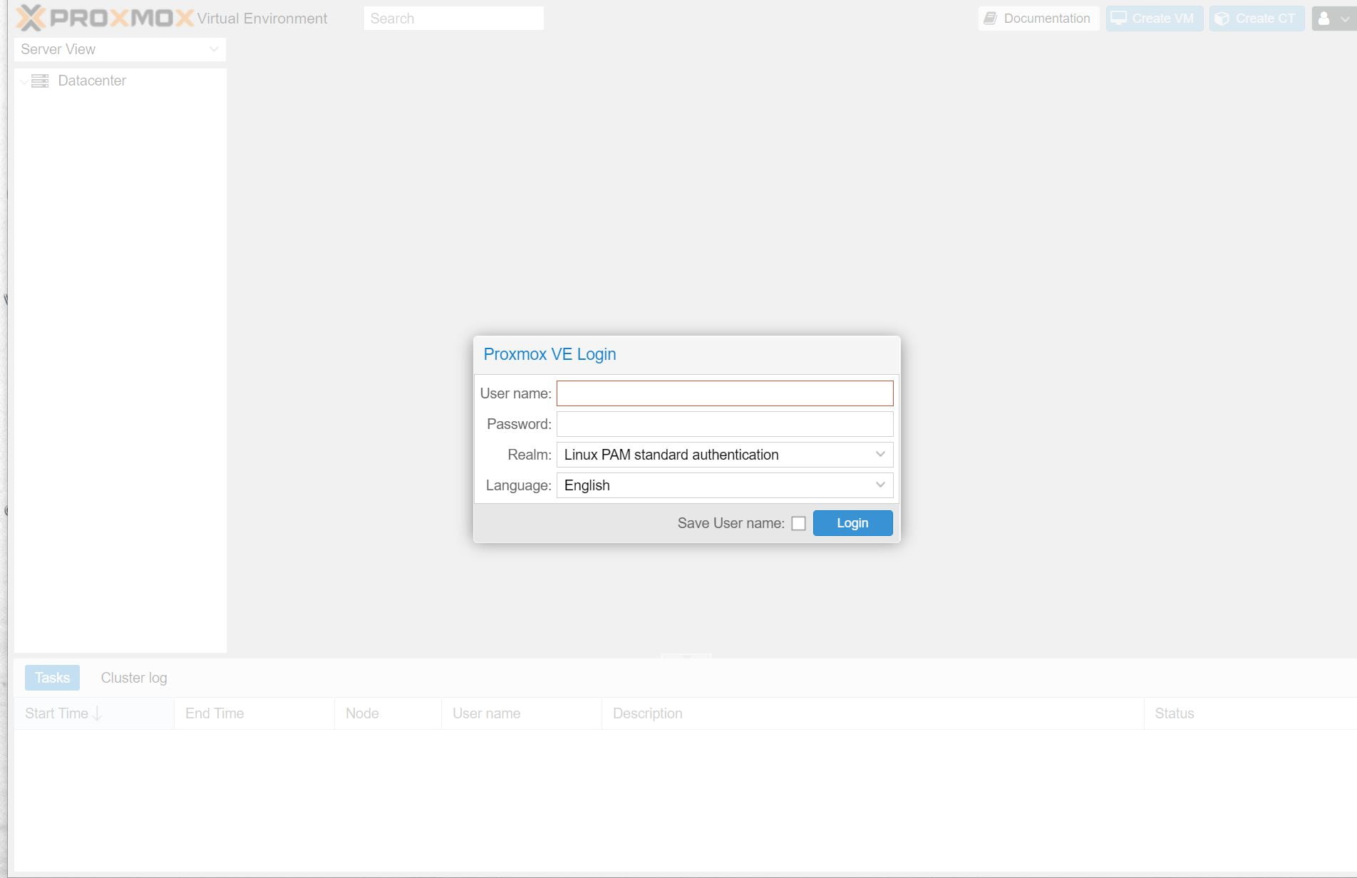Giao diện đăng nhập Proxmox VE Web UI
