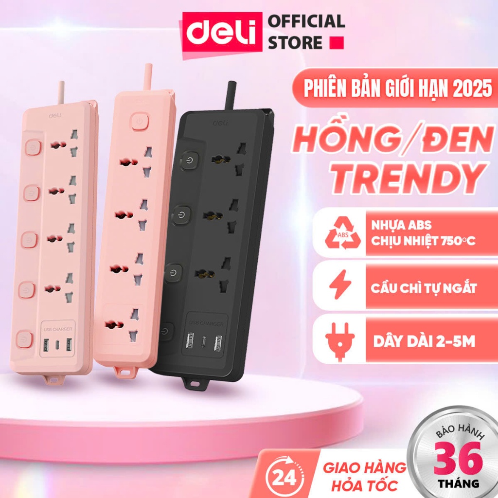 Ổ Cắm Điện Đa Năng Deli 2500W Có Cổng USB