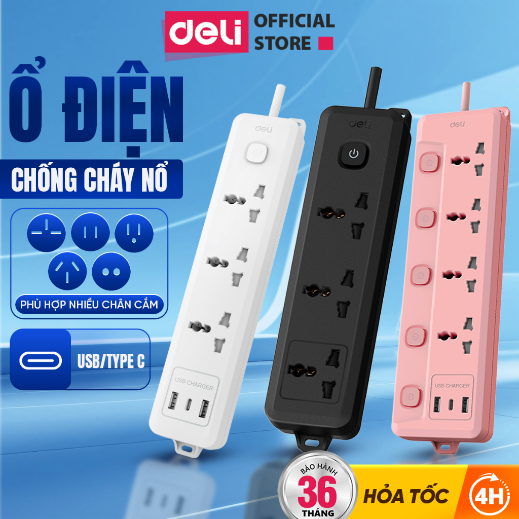 Ổ Cắm Điện Đa Năng Deli 2500W USB