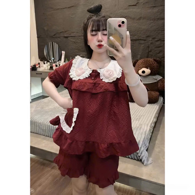 Set Pyjama Đũi Cổ Bèo Đính Thỏ Bông