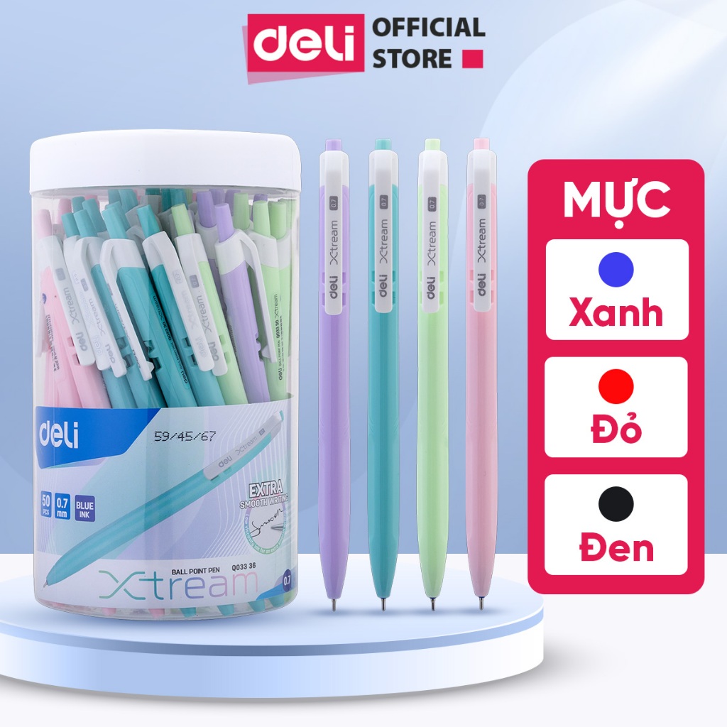 Hộp 50 bút bi bấm Deli ngòi 0.7mm